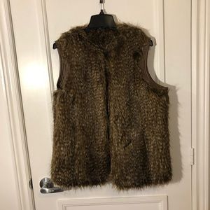 NINE WEST Faux Fur Long Vest, Brown, Size L